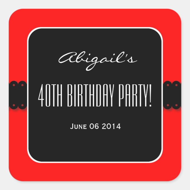 Red and Black Elegant 40th Birthday Party V09 Square Sticker (Front)