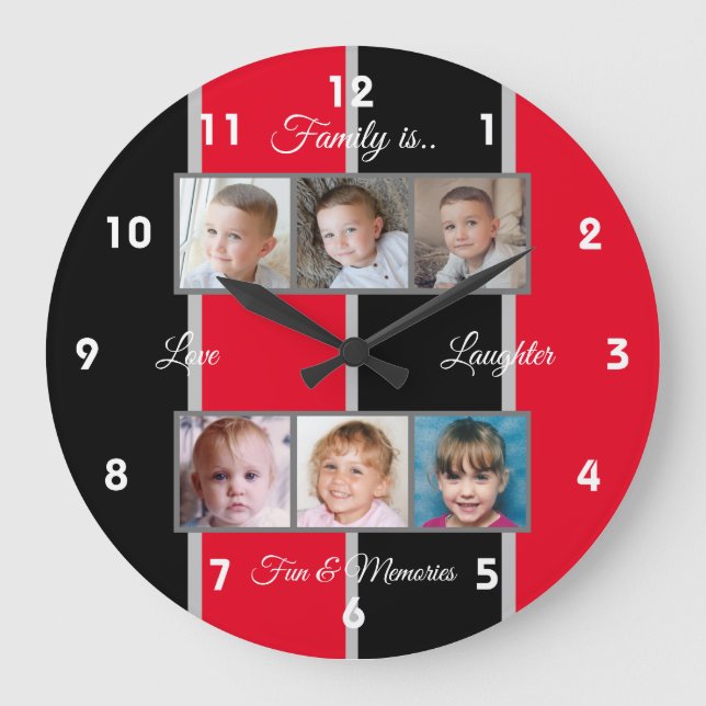 Red and black family photos large clock (Front)