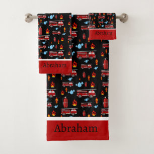 Red and Black Firetrucks Firemen Firefighters Bath Towel Set