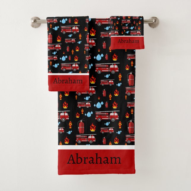 Red and Black Firetrucks Firemen Firefighters Bath Towel Set (Insitu)