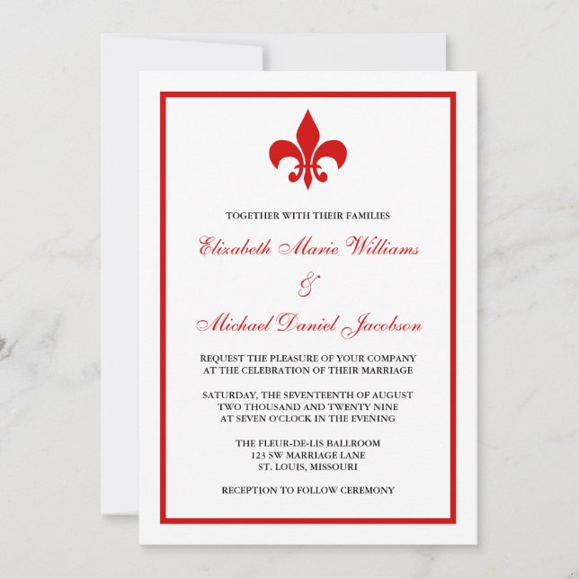 Red and Black Fleur de Lis Wedding Invitation (Front)