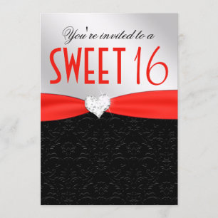 Red and Black Floral Damask Diamond Heart Invitation