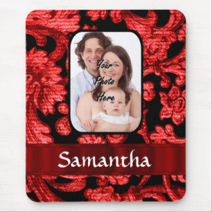 Red and black floral damask mouse pad