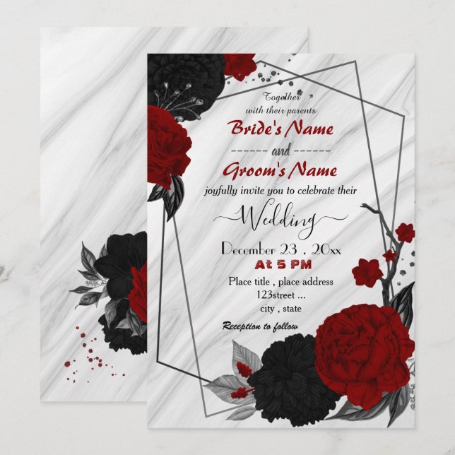 red and black floral geometric wedding invitation (Front/Back)