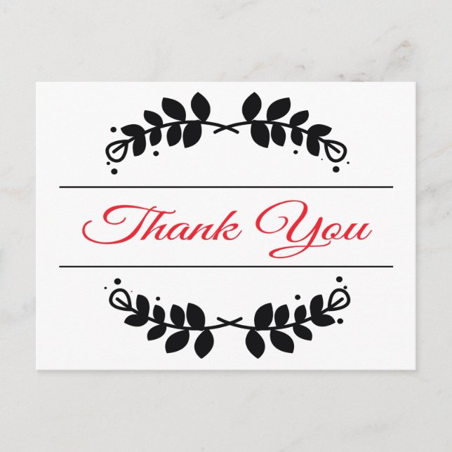 Red And Black Floral Leaf Frame Thank You Postcard (Front)