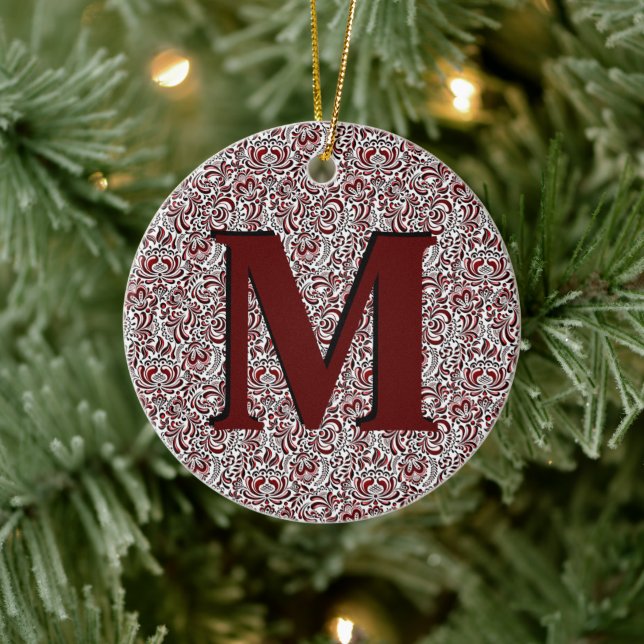 Red and black floral monogram ceramic ornament (Tree)