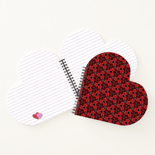 Red and Black Floral Show Heart Shaped Notebook (Inside)