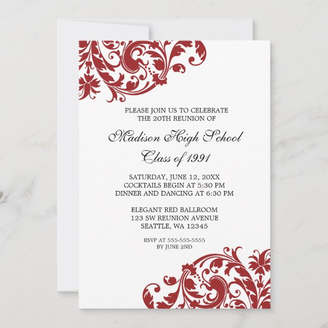 Red and Black Flourish Class Reunion Invitation (Front)