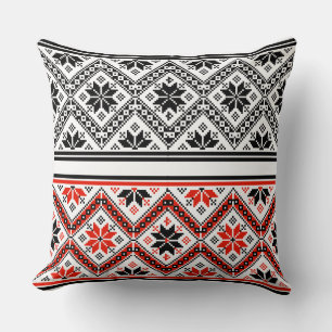 Red and Black Folk Art Geometric Pattern Throw Pillow