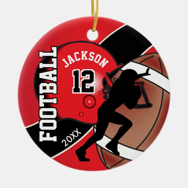 Red and Black Football Player Ceramic Ornament (Front)