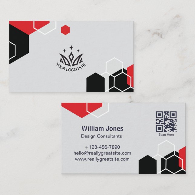 Red and Black Geometric Hexagon Corporate QR Code  Business Card (Front/Back)