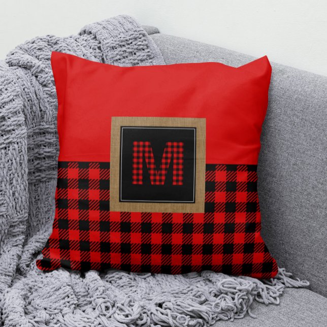 Red and Black Gingham Buffalo Check Monogram Throw Pillow (Red and Black Buffalo Check Monogram Pillow )