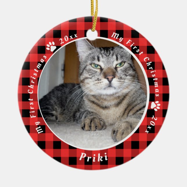 Red and Black Gingham Cat's My First Christmas Ceramic Ornament (Front)