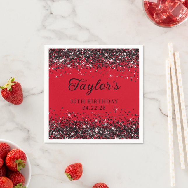 Red and Black Glitter 50th Birthday Napkin (Insitu)