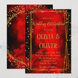 Red and Black Gold Geometric Glitter Wedding  Invi Invitation
