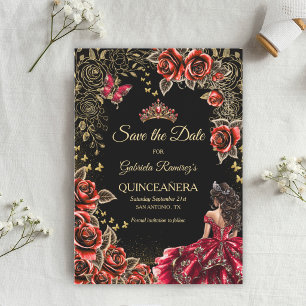Red and Black Golden Tiara  Roses Quinceañera Save The Date