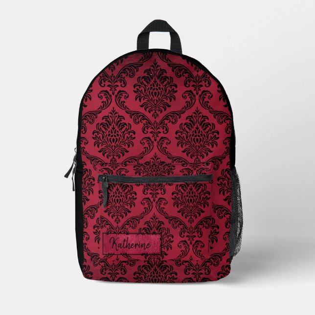 Red and Black Goth Damask Pattern Personalized Printed Backpack (Front)