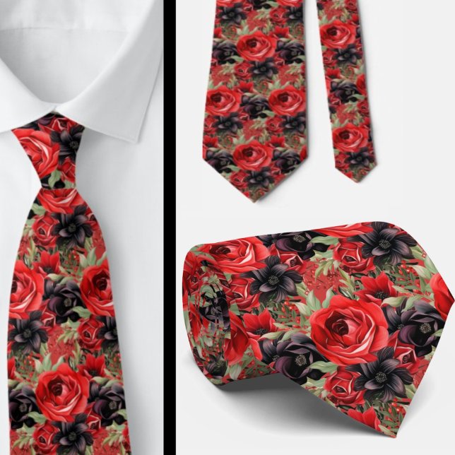 Red and Black Goth Watercolor Floral Neck Tie (Creator Uploaded)