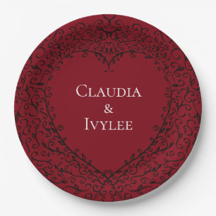 Red and Black Gothic Heart Elegant Wedding Paper Plate