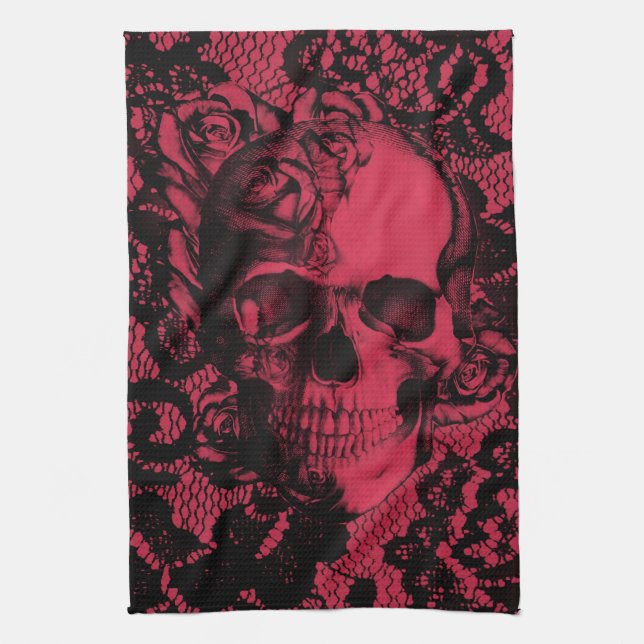 Red and black gothic lace skull. kitchen towel (Vertical)