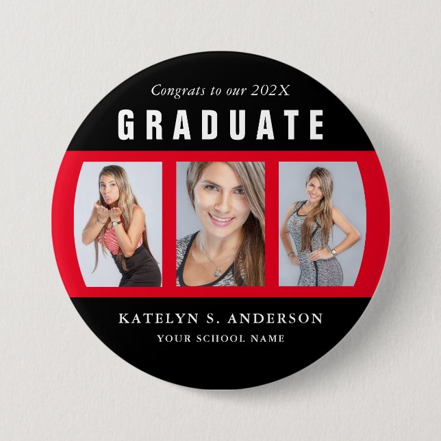 Red and Black Graduation Photo Collage Custom 3 Inch Round Button (Front)