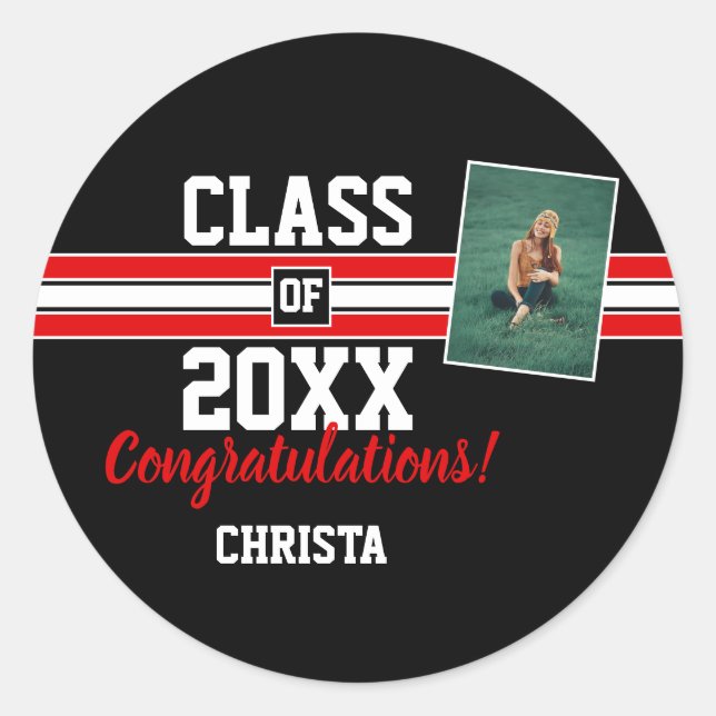 Red and Black Graduation Photo CongratulationS Classic Round Sticker (Front)