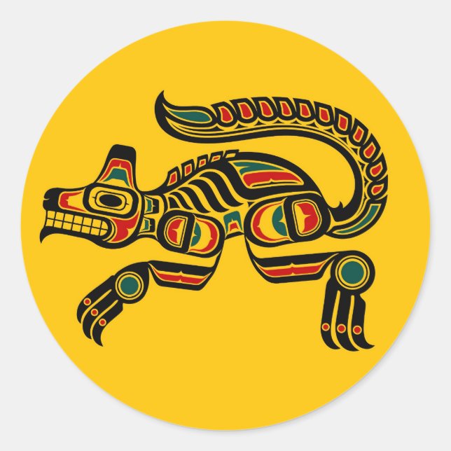 Red and Black Haida Spirit Wolf on Yellow Classic Round Sticker (Front)