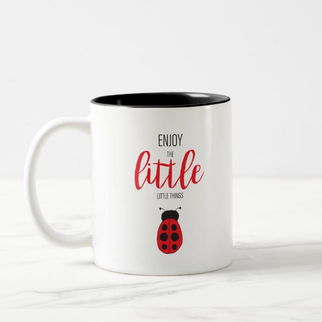 Red and Black Hand Drawn Baby Ladybug Cute Bug Two-Tone Coffee Mug (Left)