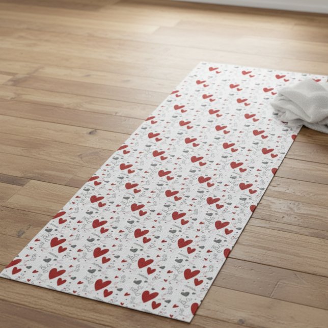 Red and Black Hand Drawn Doodle Hearts Yoga Mat (cute modern red and black hearts yoga mat for yogi women love hand drawn doodles)