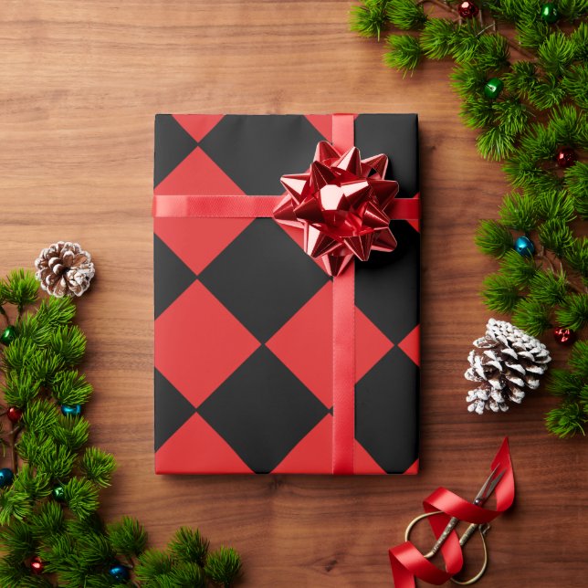 Red and Black Harlequin Diamond Checked Pattern Wrapping Paper (Holiday Gift)