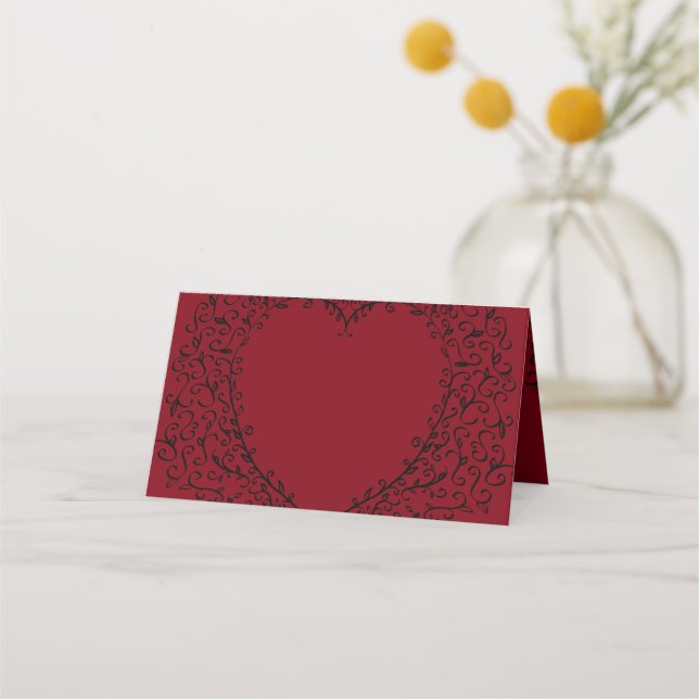 Red and Black Heart Gothic Wedding Place Cards (Front)
