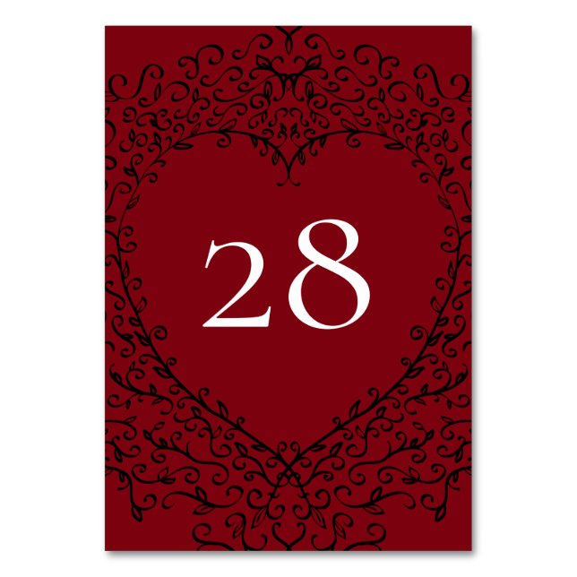 Red and Black Heart Gothic Wedding Table Number (Front)