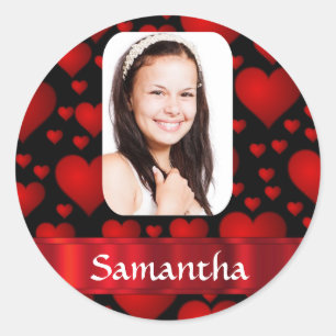 Red and black heart personalized photo classic round sticker