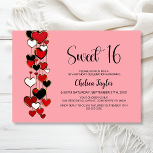 Red and Black Heart Theme Sweet 16 Birthday Invitation