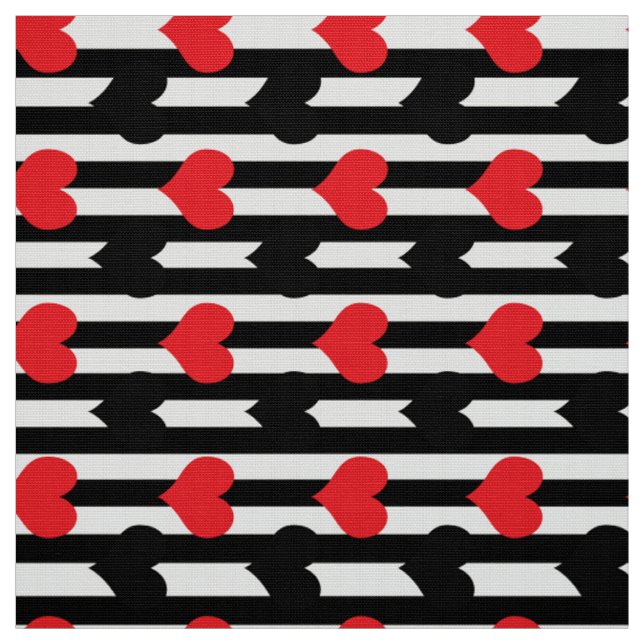 Red And Black Hearts On Stripes Fabric (Swatch)