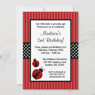 Red and Black Ladybug Striped Dots Birthday Party Invitation