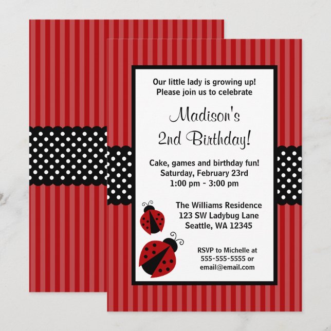 Red and Black Ladybug Striped Dots Birthday Party Invitation (Front/Back)