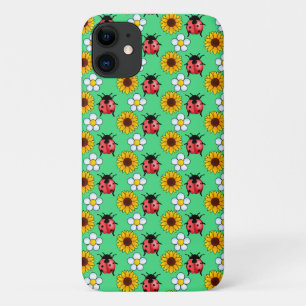 Red And Black Ladybug With Flowers  iPhone 11 Case