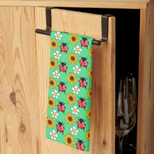 Red And Black Ladybug With Flowers Kitchen Towel