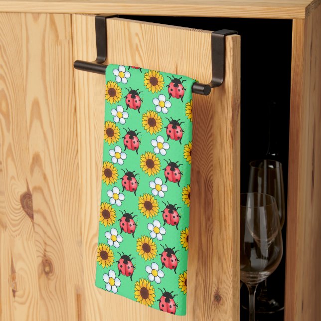 Red And Black Ladybug With Flowers  Kitchen Towel (Thirds Fold)