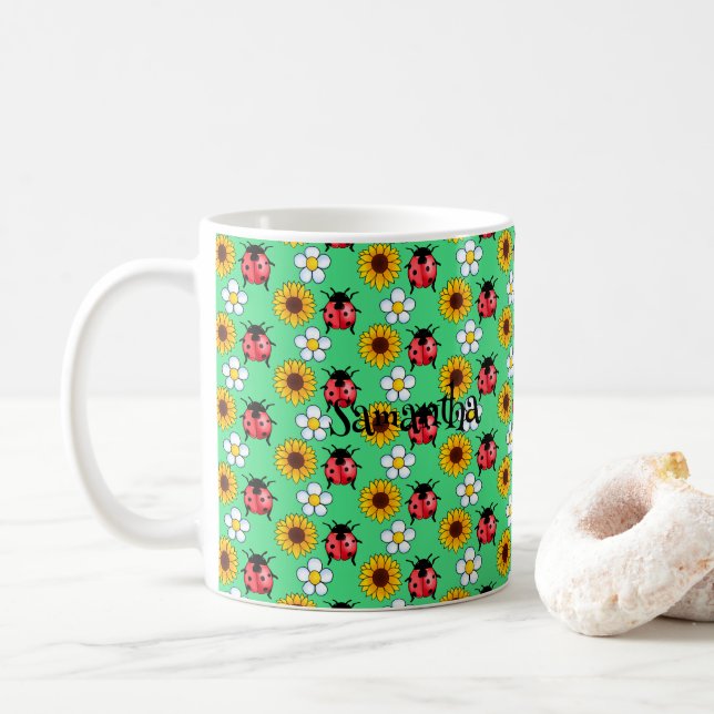 Red And Black Ladybug With Flowers Mug (With Donut)