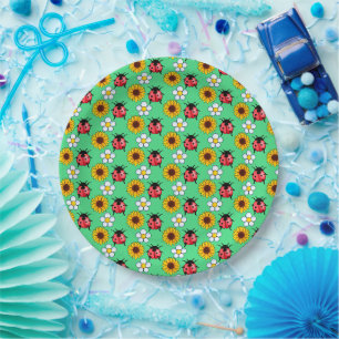 Red And Black Ladybug With Flowers  Paper Plate