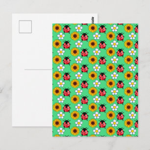 Red And Black Ladybug With Flowers Postcard