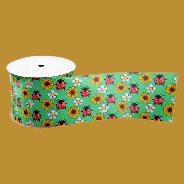 Red And Black Ladybug With Flowers  Satin Ribbon (Creator Uploaded)