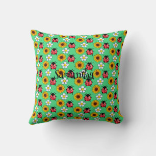 Red And Black Ladybug With Flowers Throw Pillow