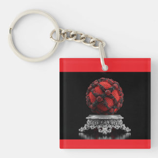 Red And Black Mandelbrot Sphere On Silver Pedestal Keychain