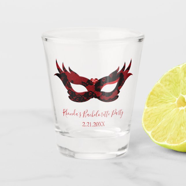 Red and Black Masquerade mask bachelorette party Shot Glass (Front)