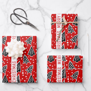 Red and black Merry Christmas trees holiday Wrapping Paper Sheet