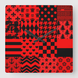 Red and Black Mixed Patterns Patchwork Design  Square Wall Clock