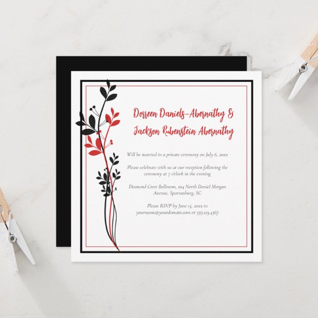 Red and Black Modern Botanical Reception Only | Invitation (Front/Back In Situ)
